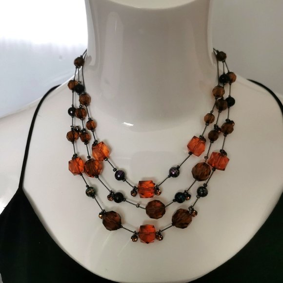 3 Strand Beaded Necklace Amber & Brown Color necklace - Picture 2 of 7